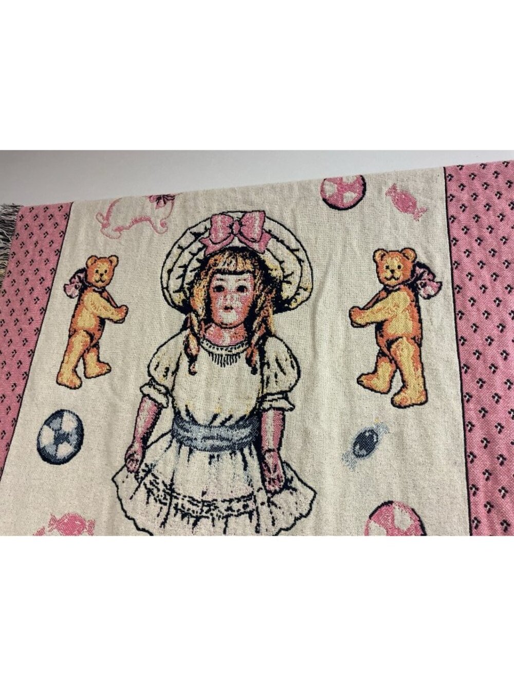 Victorian Doll Tapestry Throw Blanket 1980s Fringe Cotton Pink 64x48
